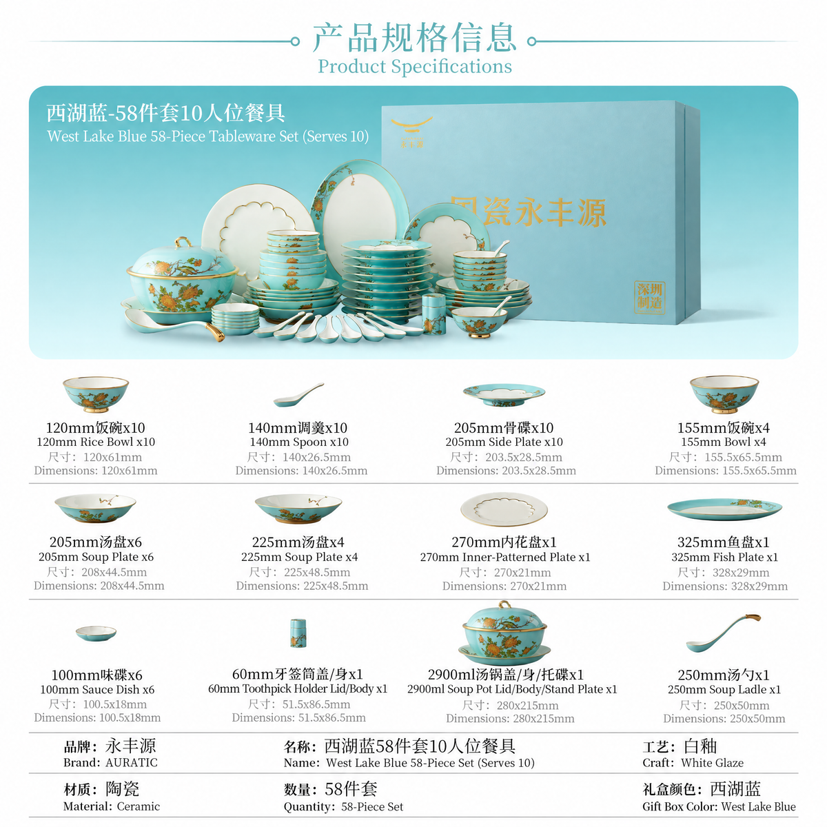 AURATIC West Lake Blue Ceramic Dinnerware Set with Gold Peony Detailing – Multiple Set Sizes
