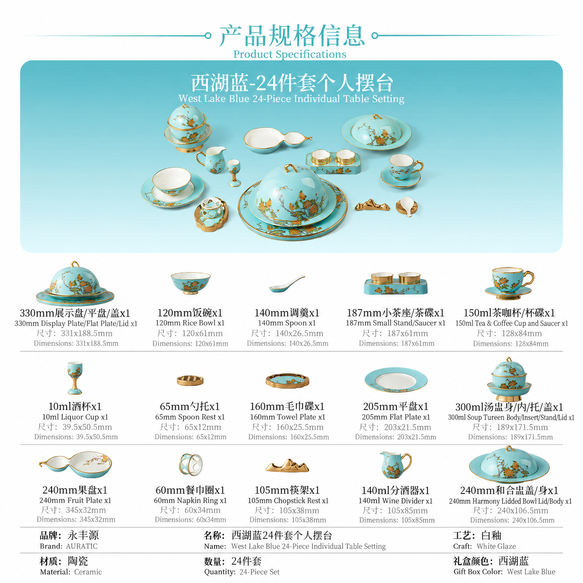 AURATIC West Lake Blue Ceramic Dinnerware Set with Gold Peony Detailing – Multiple Set Sizes