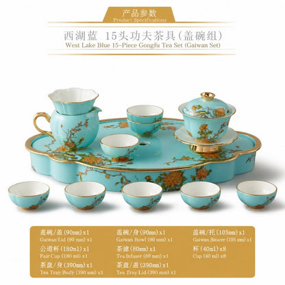 15-Piece Gongfu Set with Gaiwan (8 Person) - West Lake Blue porcelain