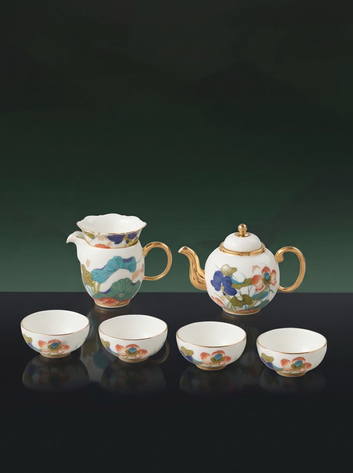 永丰源幸福和鸣茶具套装 AURATIC Lotus Breeze Ceramic Tea Set – Hand-Painted Lotus with Gold Trim, 5 to 36 Pieces, Gift Box
