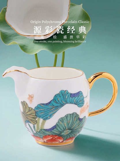永丰源幸福和鸣茶具套装 AURATIC Lotus Breeze Ceramic Tea Set – Hand-Painted Lotus with Gold Trim, 5 to 36 Pieces, Gift Box
