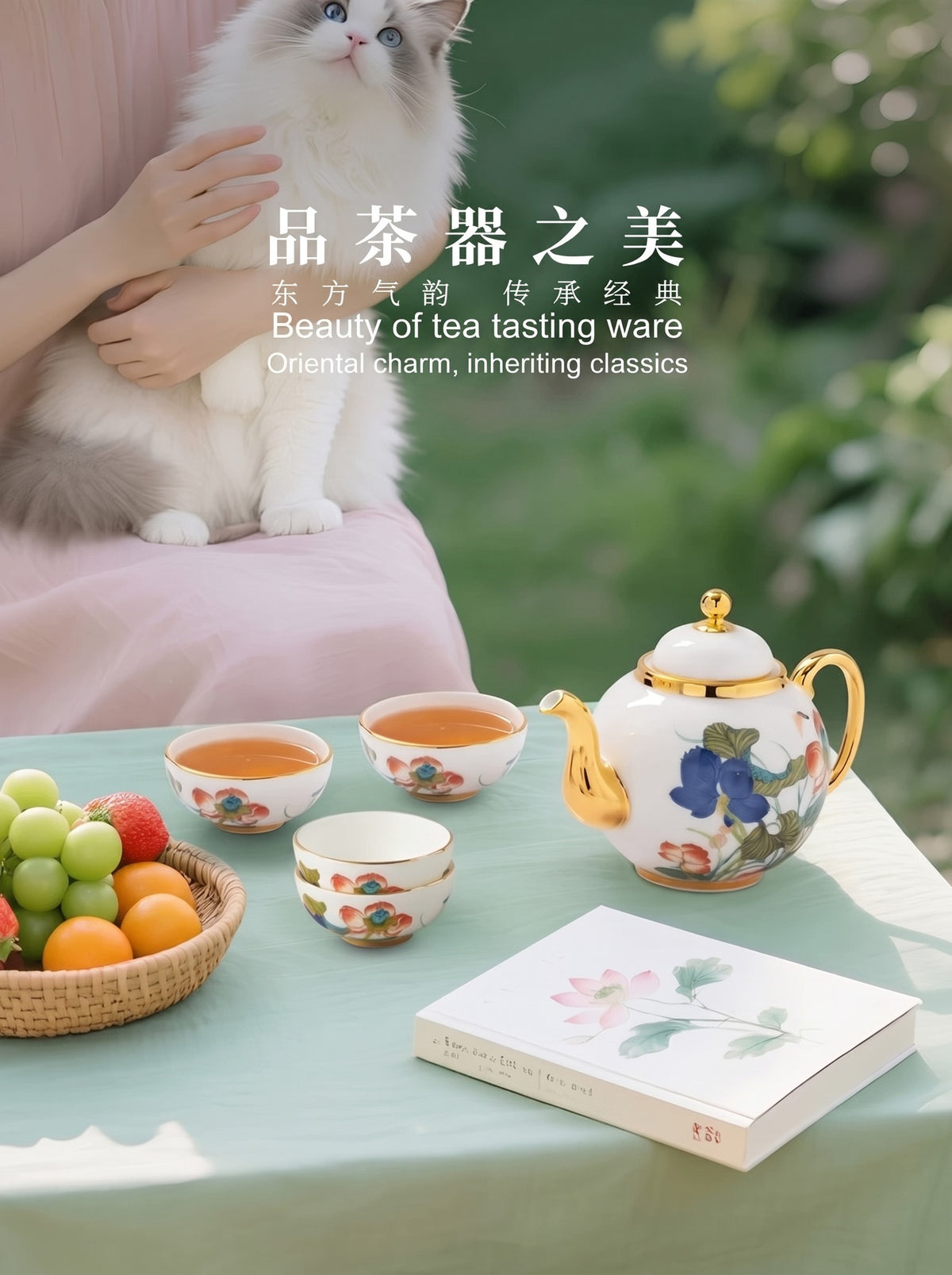 永丰源幸福和鸣茶具套装 AURATIC Lotus Breeze Ceramic Tea Set – Hand-Painted Lotus with Gold Trim, 5 to 36 Pieces, Gift Box