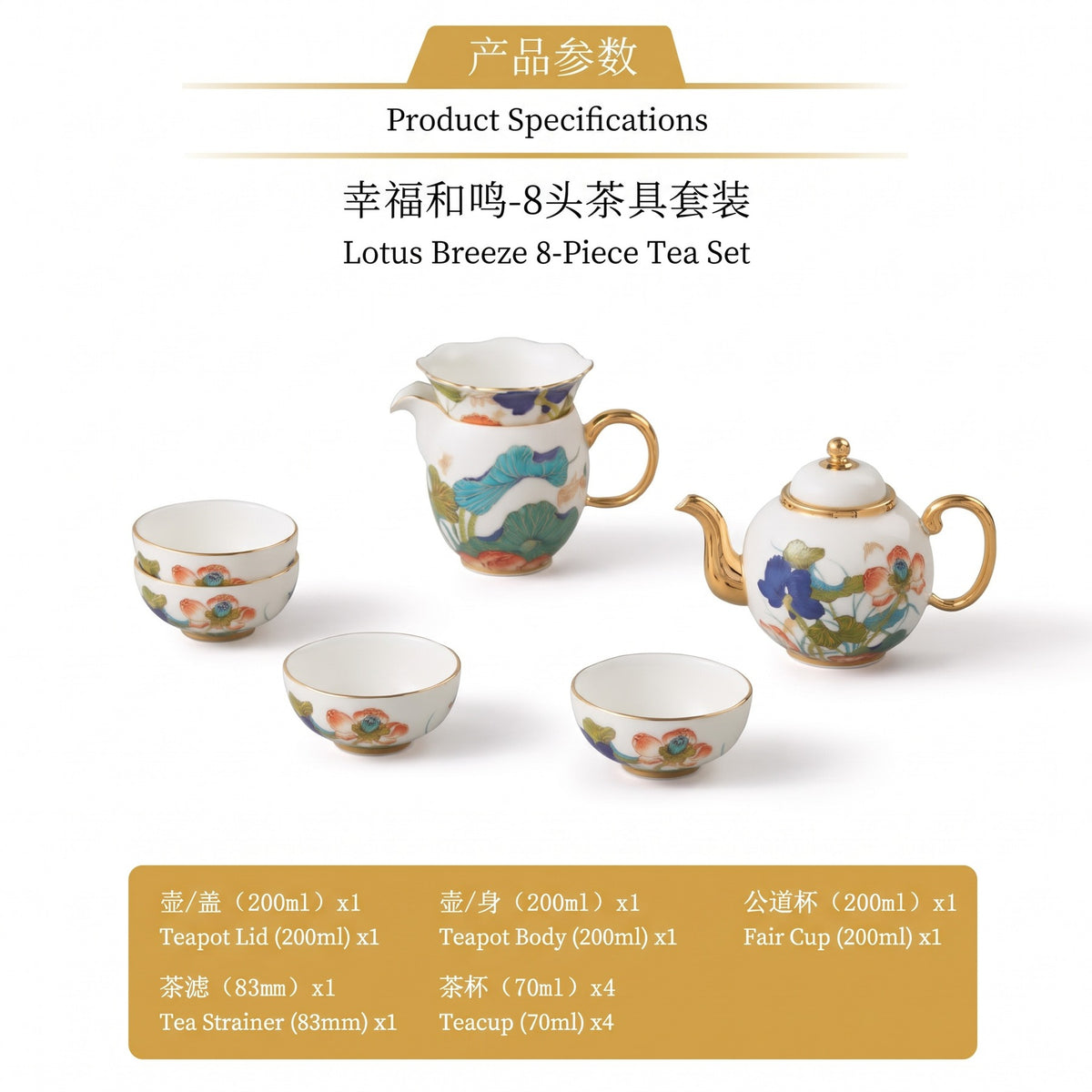 永丰源幸福和鸣茶具套装 AURATIC Lotus Breeze Ceramic Tea Set – Hand-Painted Lotus with Gold Trim, 5 to 36 Pieces, Gift Box