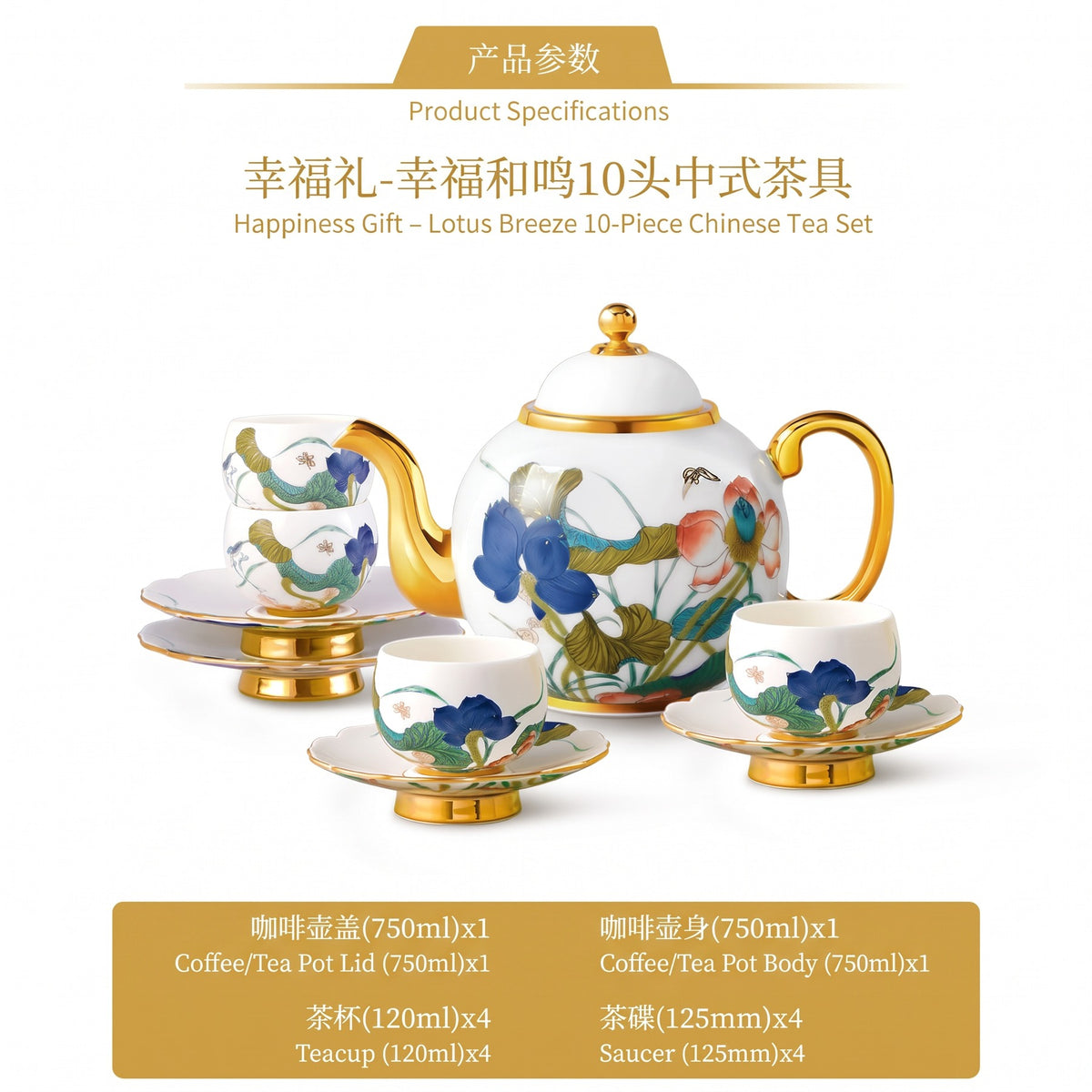 永丰源幸福和鸣茶具套装 AURATIC Lotus Breeze Ceramic Tea Set – Hand-Painted Lotus with Gold Trim, 5 to 36 Pieces, Gift Box