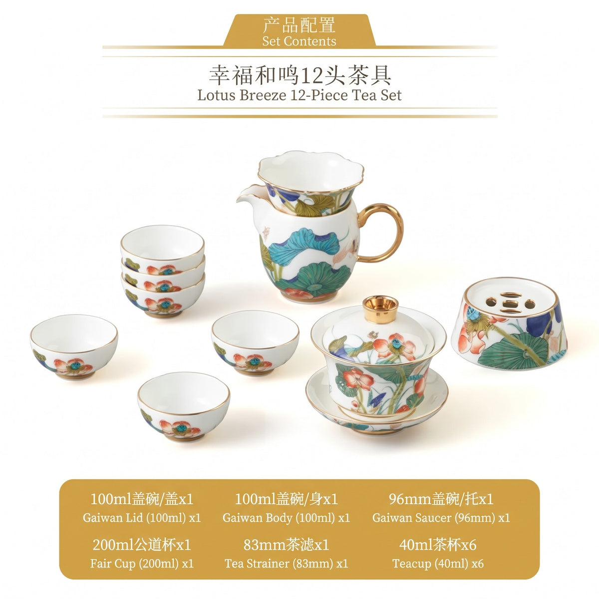 永丰源幸福和鸣茶具套装 AURATIC Lotus Breeze Ceramic Tea Set – Hand-Painted Lotus with Gold Trim, 5 to 36 Pieces, Gift Box