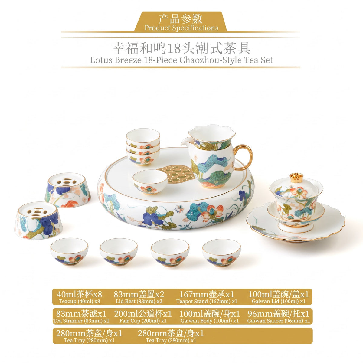 永丰源幸福和鸣茶具套装 AURATIC Lotus Breeze Ceramic Tea Set – Hand-Painted Lotus with Gold Trim, 5 to 36 Pieces, Gift Box