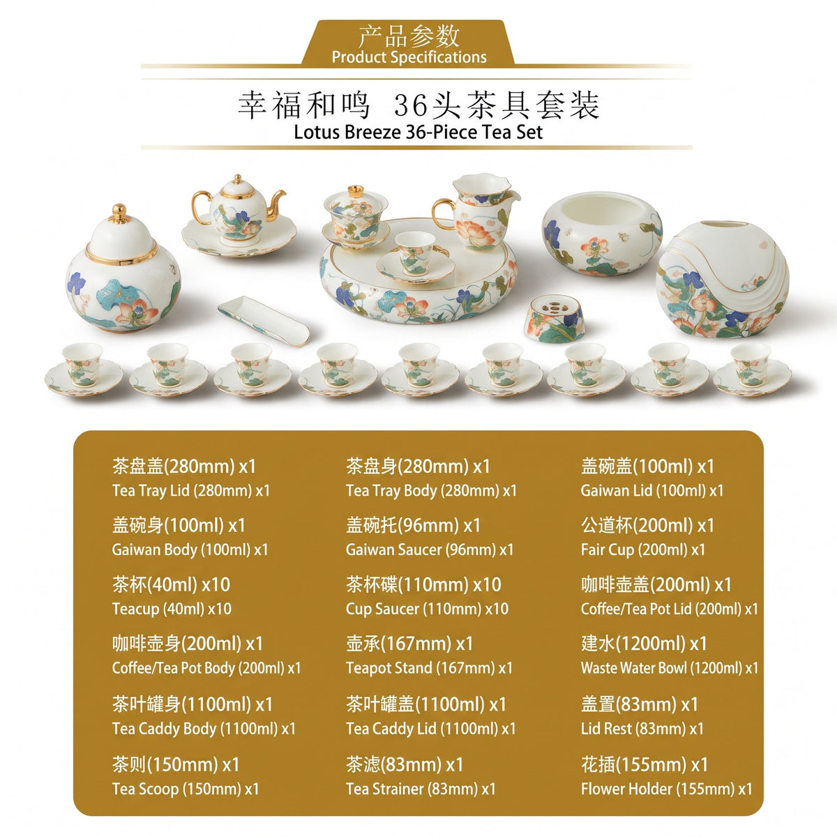 永丰源幸福和鸣茶具套装 AURATIC Lotus Breeze Ceramic Tea Set – Hand-Painted Lotus with Gold Trim, 5 to 36 Pieces, Gift Box